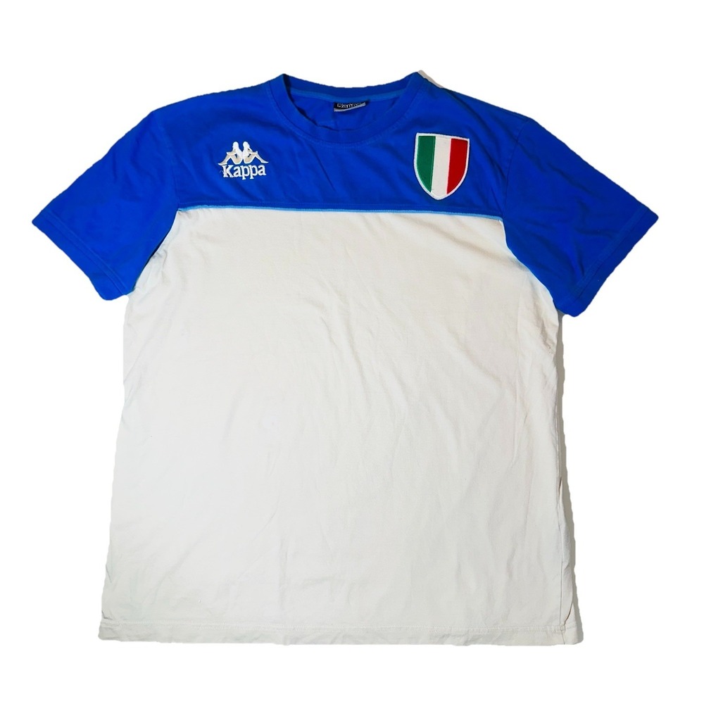 KAPPA Italia Mens Vintage Blue White T-Shirt Sewn-on Logo Crew Neck X-Large
